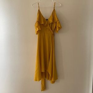 LULUS Layla Mustard Yellow Satin Off-the-Shoulder Wrap Dress Size medium